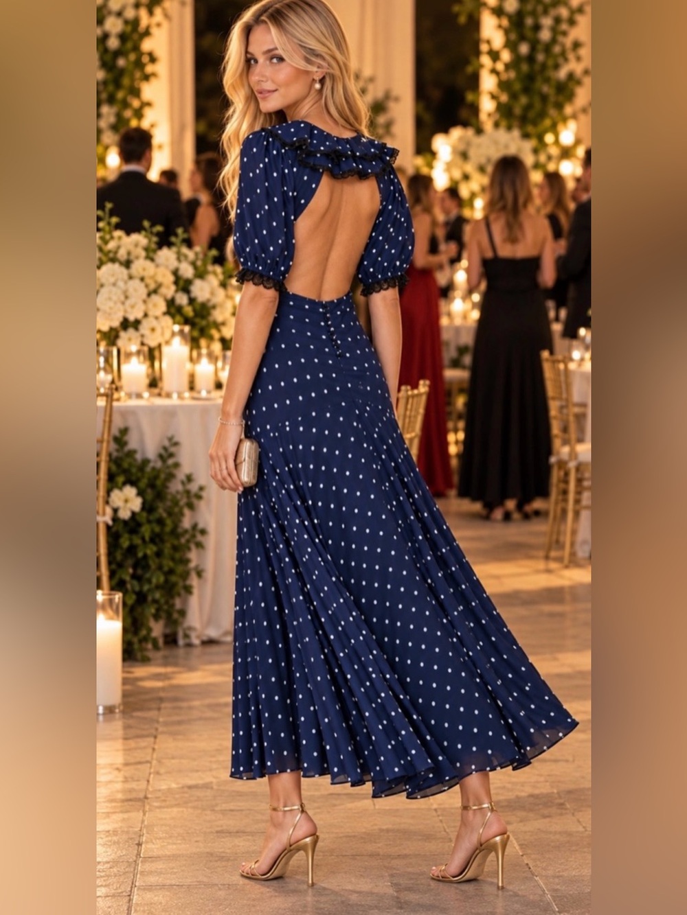 Reformation Navy Polka Dot Open-Back Dress